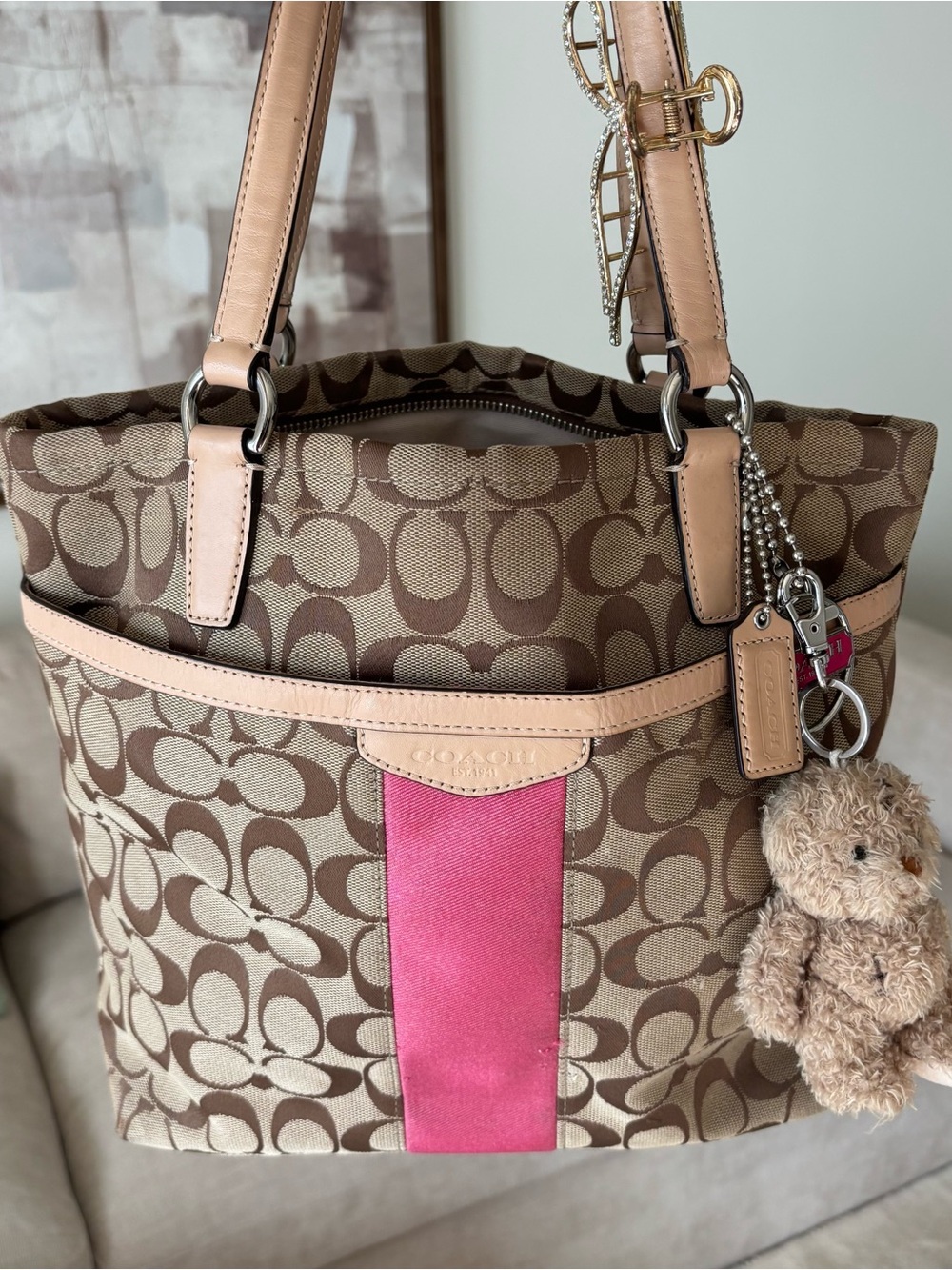 Coach Signature Canvas Tote with Pink Accent